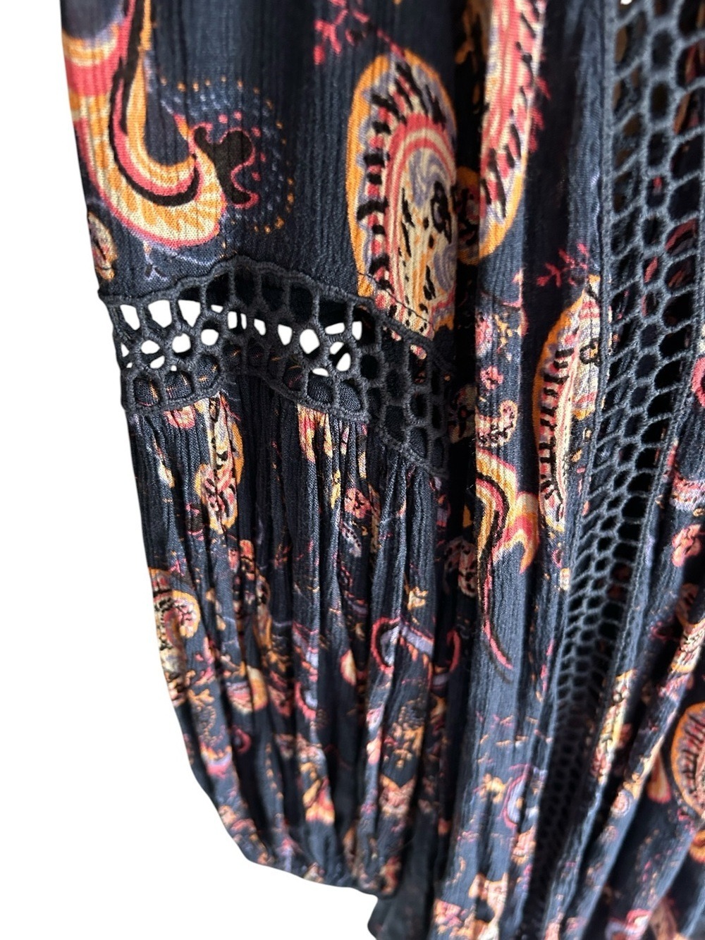 Free People Just The Two Of Us Paisley Babydoll Tunic Crochet Insets Oversize XS - Picture 6 of 8